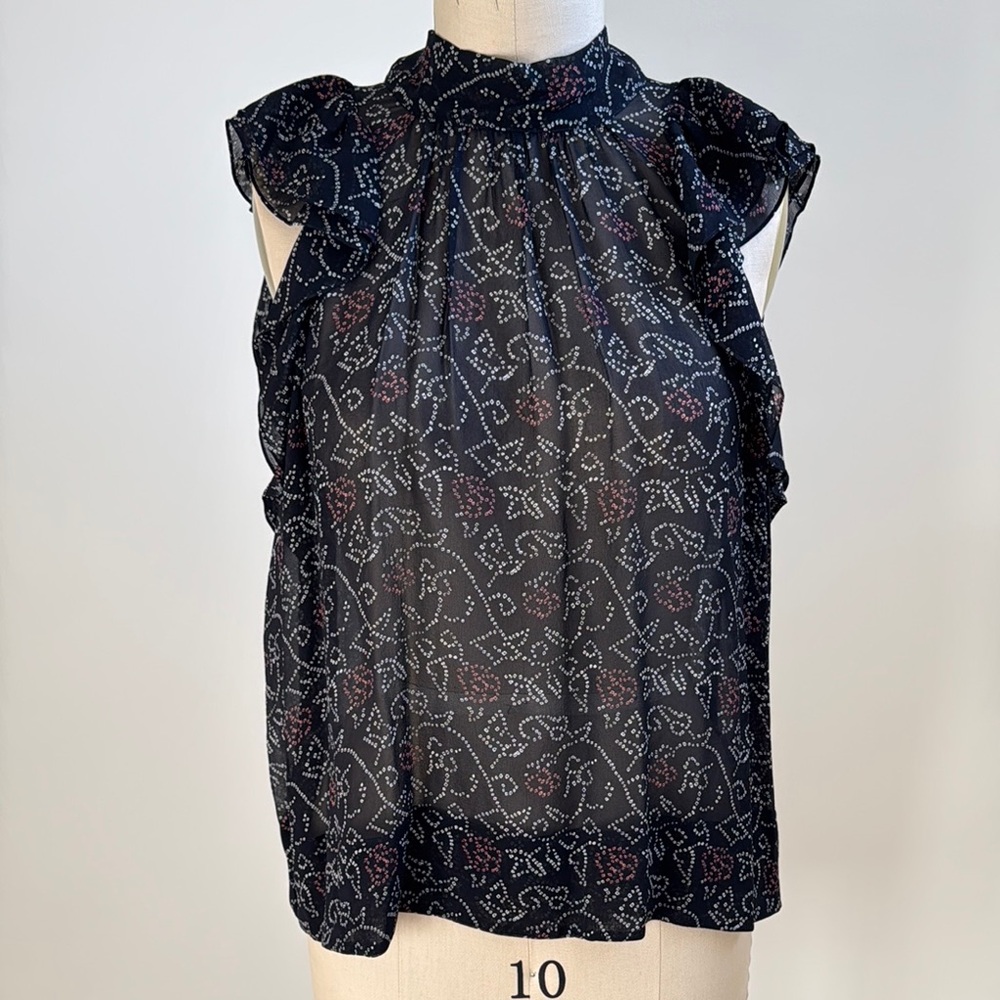 Ulla Johnson Black Sheer Ruffle Cap-Sleeve Floral Blouse